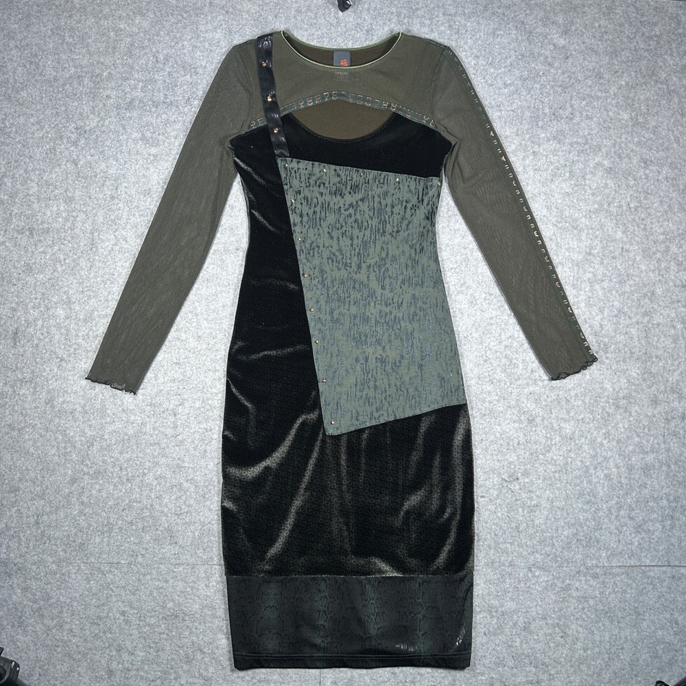 ANAC Dress Womens S Green Black Patchwork Mesh Velvet Goth Cyber Y2K Grunge Core